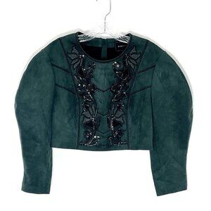 BCBGMaxazria Top Women S Green Embroidered Faux Suede Sequins Cropped Festive‎
